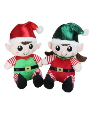 Northlight Set Of 2 Plush Sitting Boy And Girl Christmas Elf Figures 13" In Green