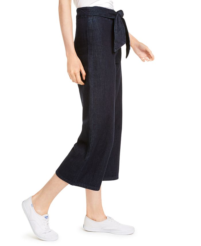 Wide Leg Tie Waist Jeans Indigo | Cropped Drawstring Denim Pants Australia main image 1