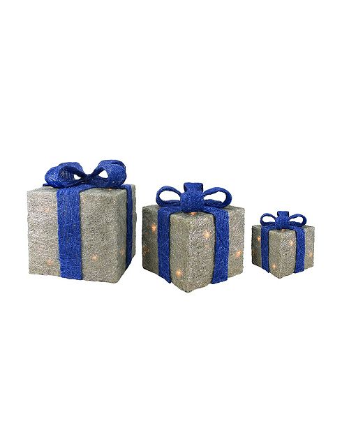 Northlight Set Of 3 Lighted Silver With Blue Bows Sisal Gift Boxes