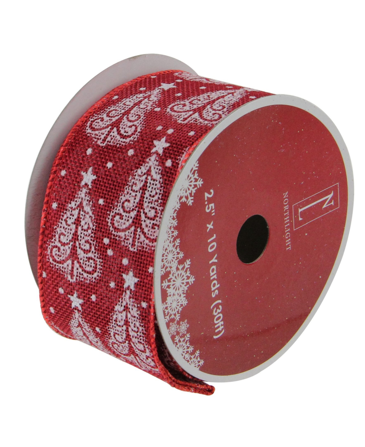 Northlight Pack of 12 Cranberry Red andTrees Burlap Wired Christmas Craft Ribbon Spools - 2.5