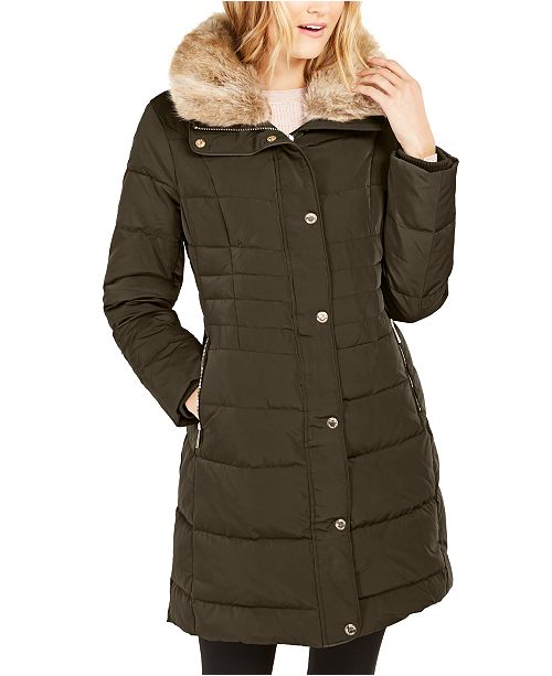 Michael Kors Hooded Down Puffer Coat With Faux Fur Trim