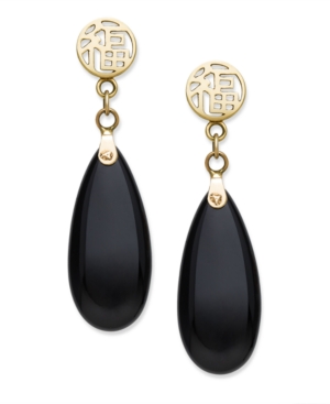 image of Black Onyx (8 x 18 mm) Chinese Character Teardrop Earrings in 14k Yellow Gold