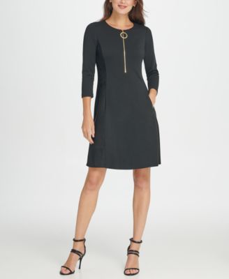 DKNY - Ponte and Leather Combo Zipper Fit & Flare Dress
