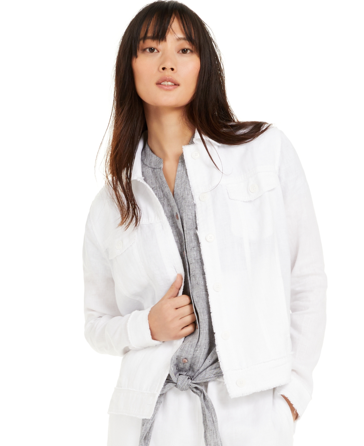 CHARTER CLUB PETITE 100% LINEN FRAYED-EDGE JACKET, CREATED FOR MACY'S 