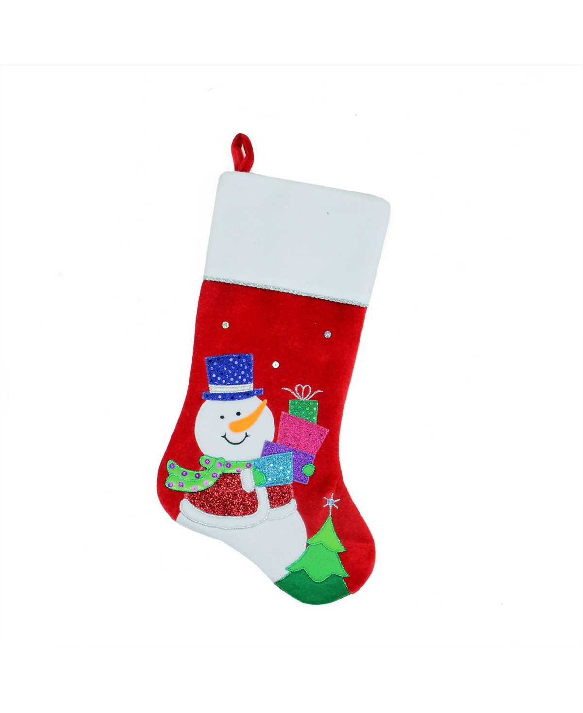 20.5" Red and White Embroidered and Embellished Snowman with Glitter Presents Christmas Stocking - White
