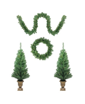 Northlight 5-piece Artificial Winter Spruce Christmas Trees Wreath And Garland Set - Clear Lights In Green