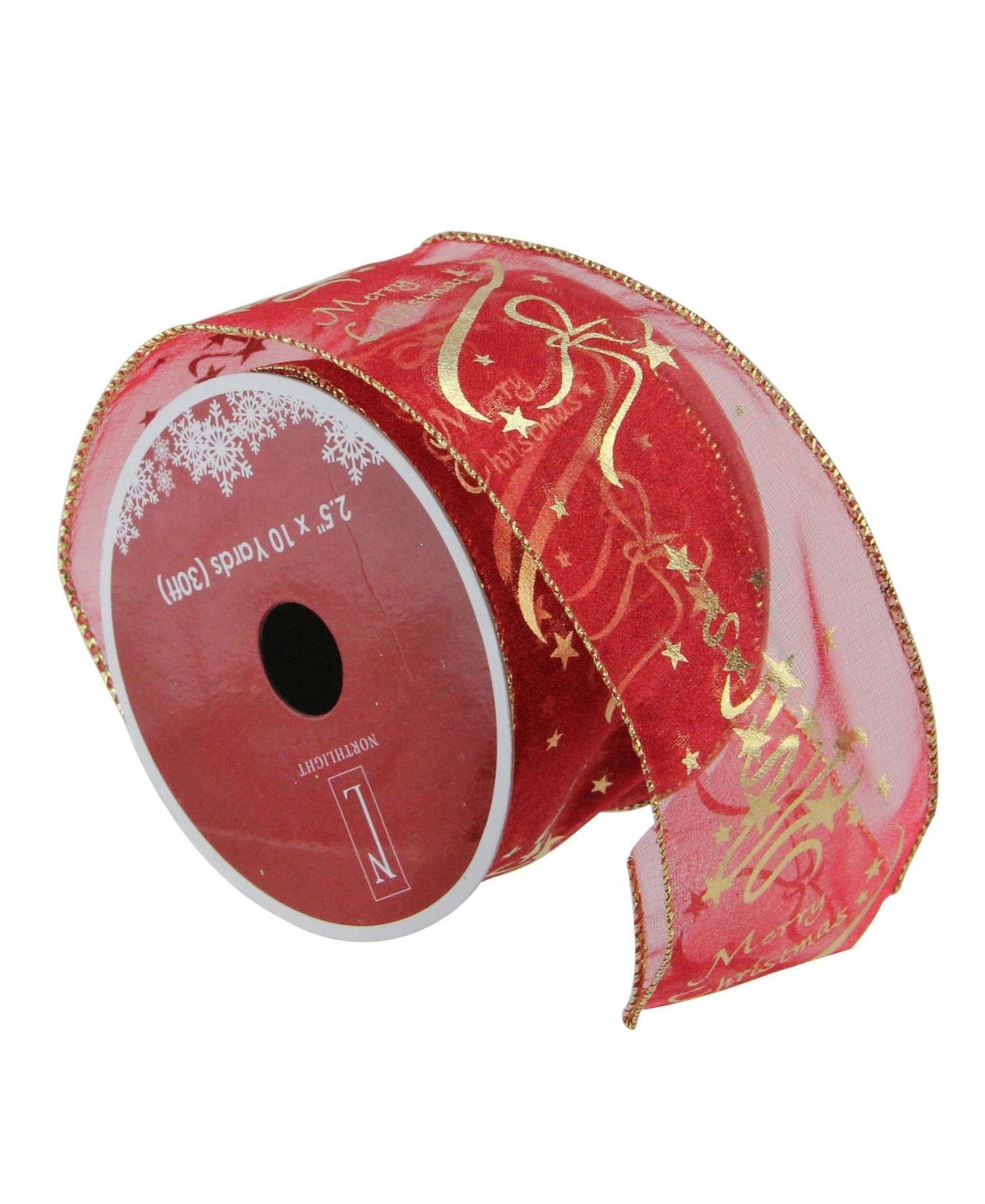 Cranberry Red and Gold Merry Christmas Wired Christmas Craft Ribbon 2.5" x 10 Yards - Red