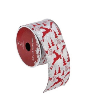 Northlight Silver And Red Flying Reindeer Wired Christmas Craft Ribbon 2.5" X 10 Yards