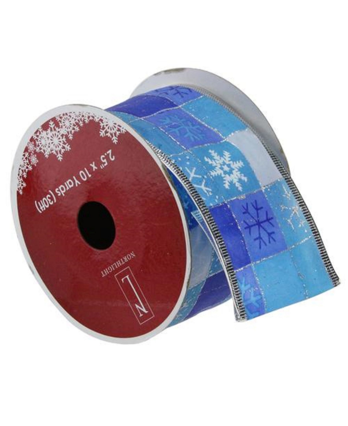 Squares of Blue Snowflake Wired Christmas Craft Ribbon 2.5" x 10 Yards - Silver