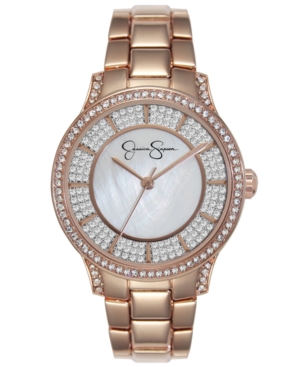 image of Jessica Simpson Women-s Crystal Encrusted Rose Gold Plated Bracelet Watch 36mm