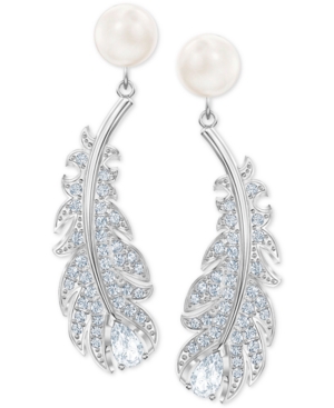 image of Swarovski Silver-Tone Pave & Imitation Pearl Feather Chandelier Earrings