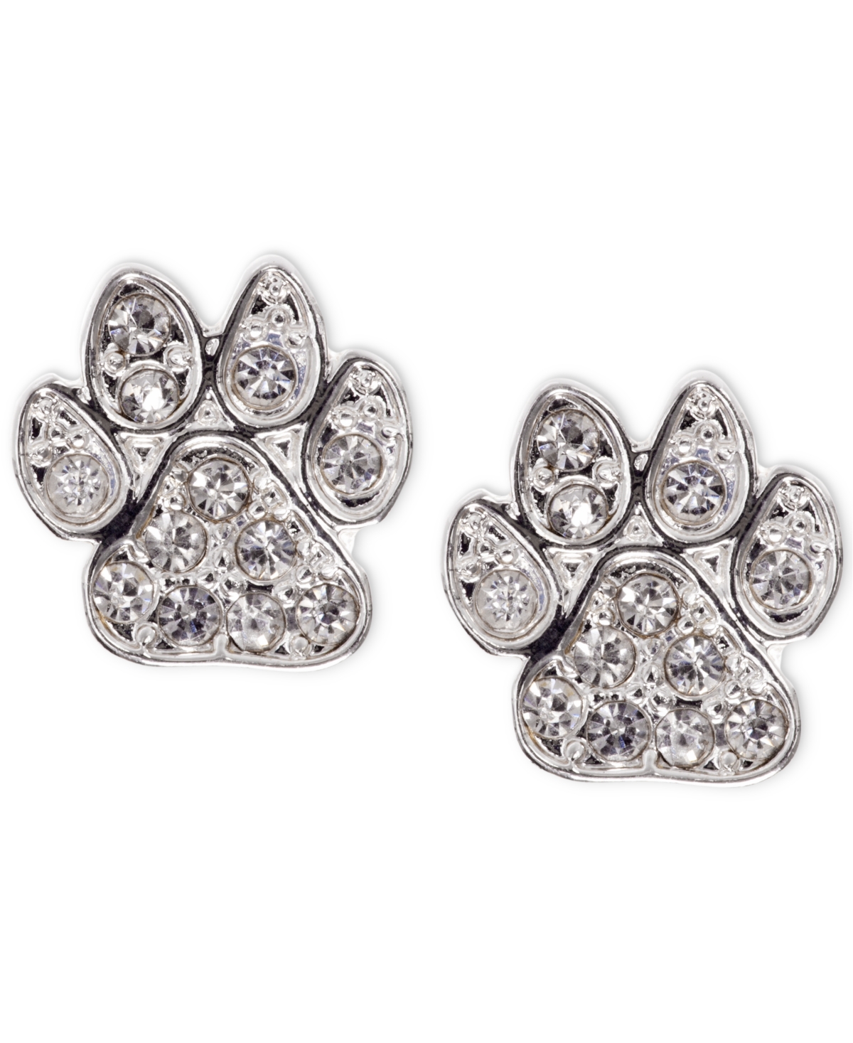 Silver-Tone Pave Paw Stud Earrings - Crystal