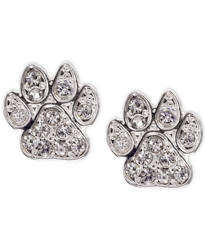 Pet Friends Jewelry - Silver-Tone Pav&eacute; Paw Stud Earrings
