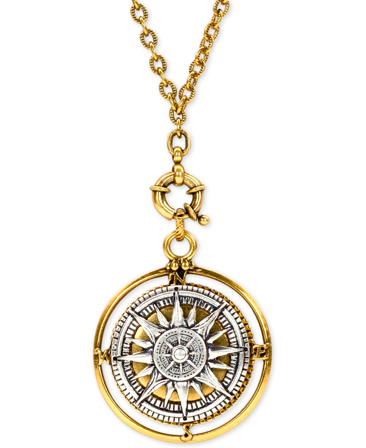 Two-Tone Compass 30" Long Pendant Necklace - Silver