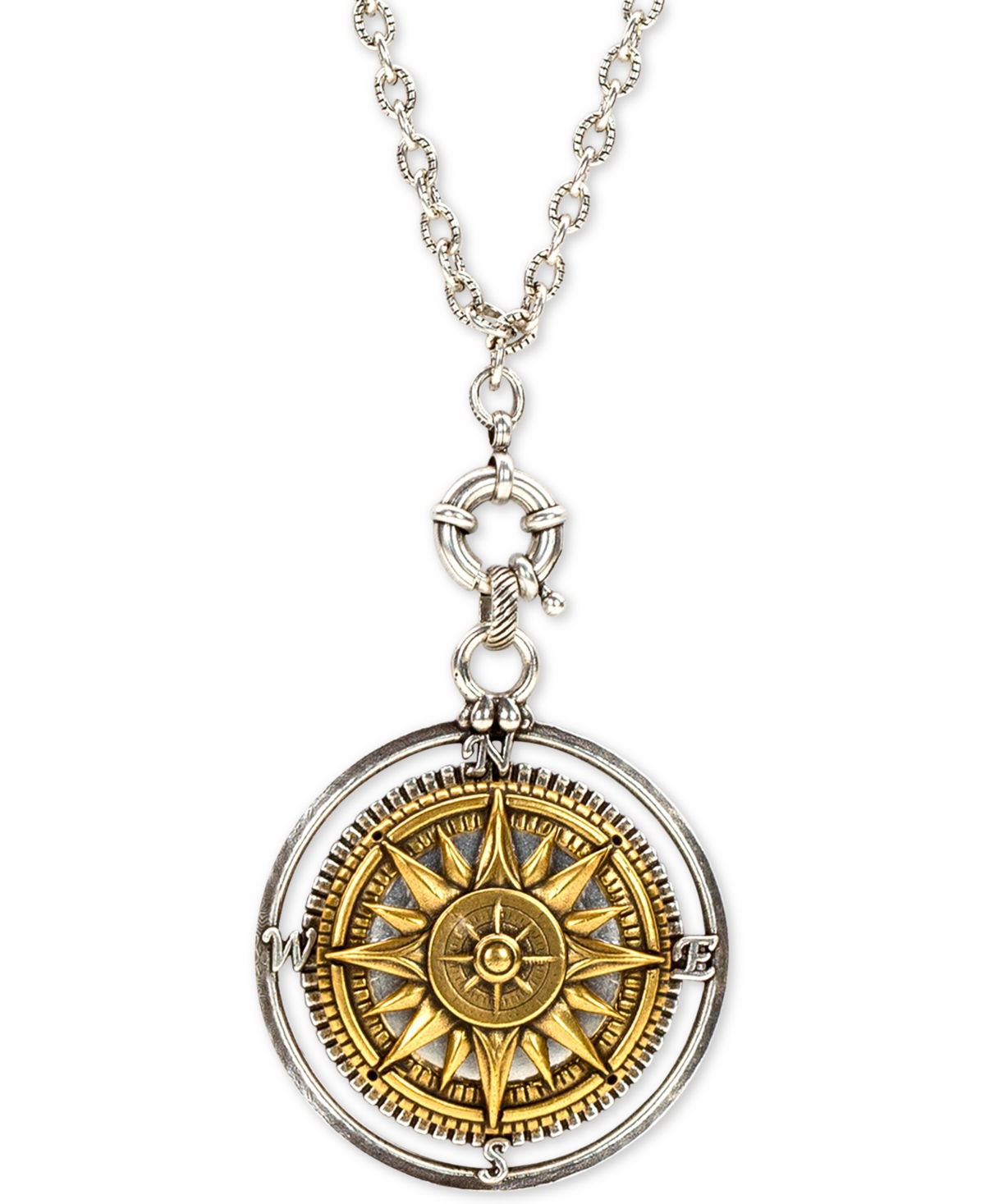 Two-Tone Compass 30" Long Pendant Necklace - Silver