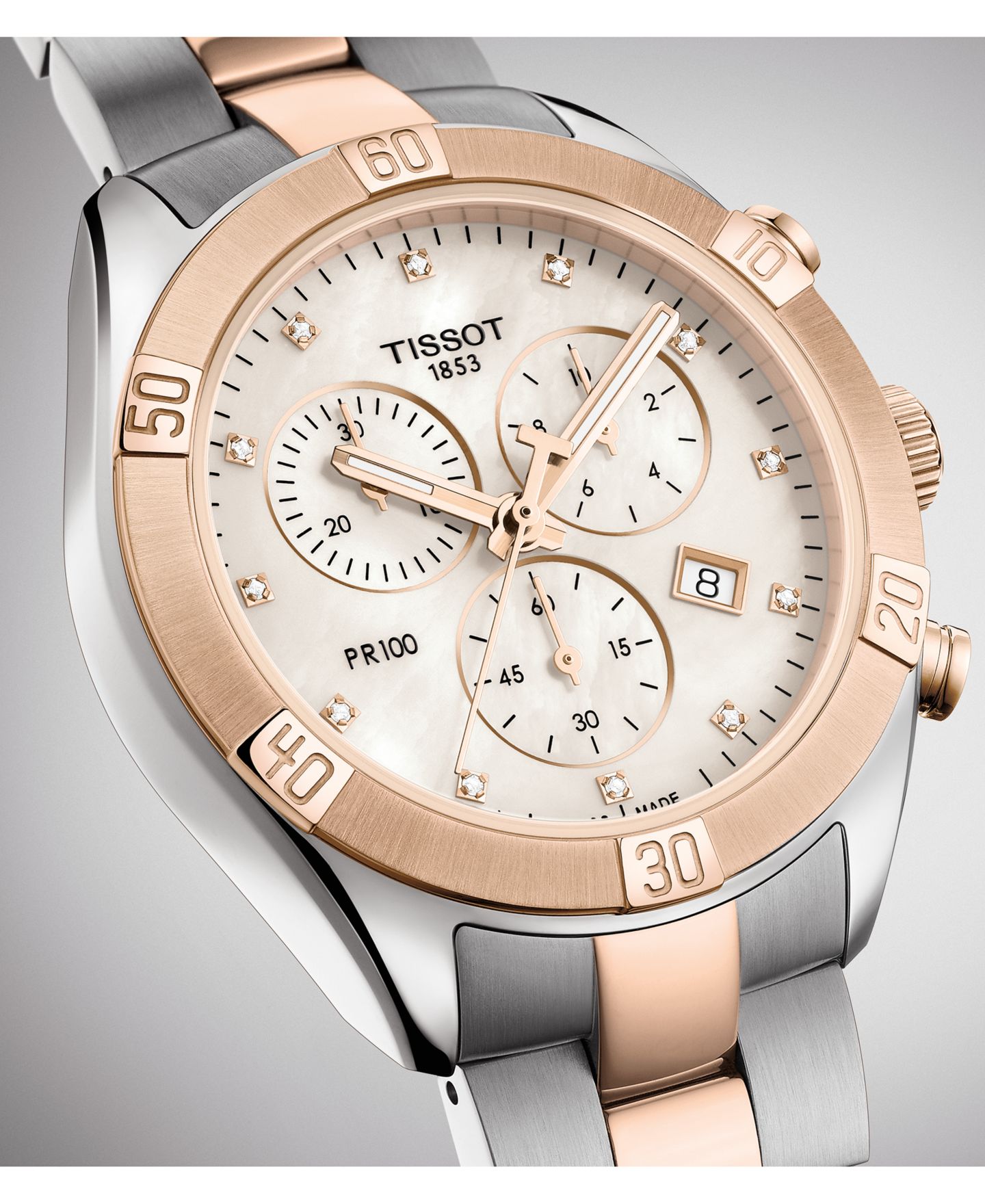 Женские часы Tissot Swiss Chronograph T-Classic PR 100 Diamond (1/20 ct. t.w.) Two-Tone PVD Stainless Steel Bracelet Watch 38mm — фото 3