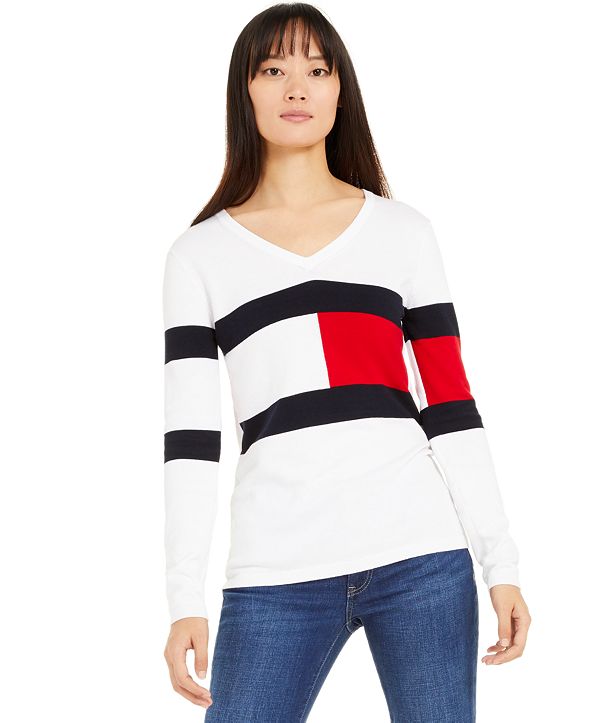 Tommy Hilfiger Colorblocked V-Neck Cotton Sweater, Created for Macy's ...