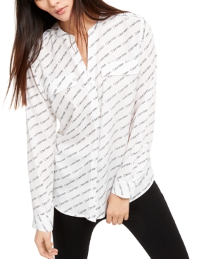 Calvin Klein Printed Split-neck Shirt In White Black Print