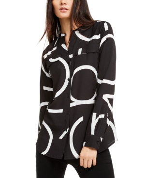 Calvin Klein Printed Split-neck Shirt In Black White Grafite