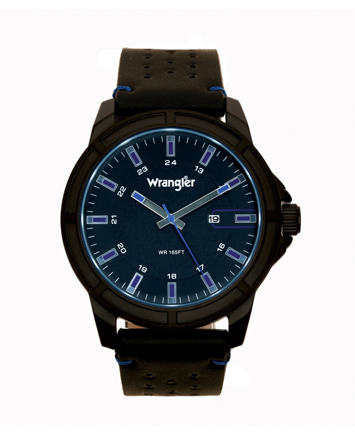 Men's Watch 48MM Ip Black Case with Black Dial, Blue Index Markers, Sand Satin Dial, Analog, Date Function, Blue Second Hand, Black Strap wit