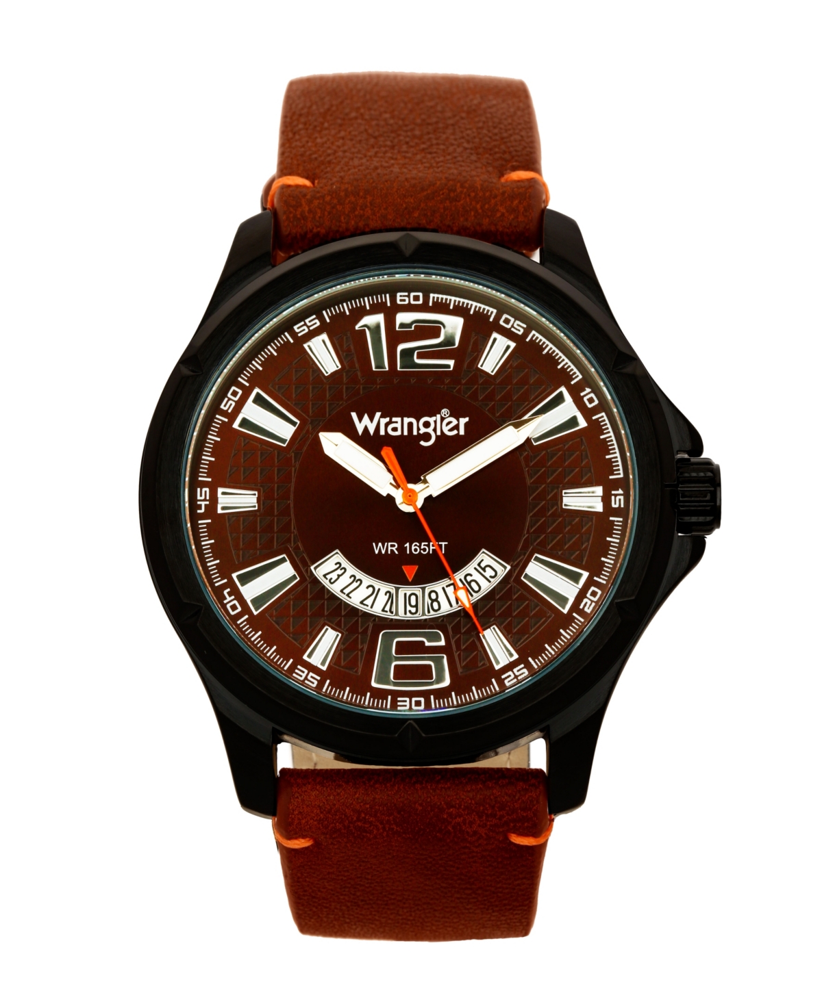 Men's Watch, 48MM Ip Black Case, Brown Zoned Dial with White Markers and Crescent Cutout Date Function, Brown Strap with Red Accent Stitch An