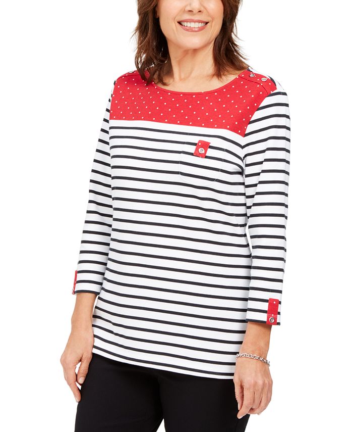 Karen Scott Women's Sport Striped 3/4-Sleeve Top - New Red Amore