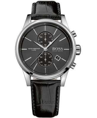 BOSS - Men's Chronograph Jet Black Leather Strap Watch 41mm