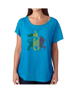 image of La Pop Art Women-s Dolman Cut Word Art Shirt - Rasta Lion - One Love