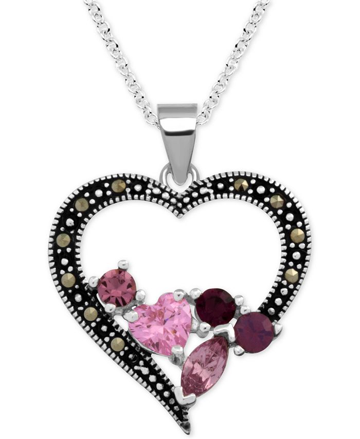 NEW 18" Sterling Silver Heart Gemstone Marcasite Flower Cluster Pendant Necklace 