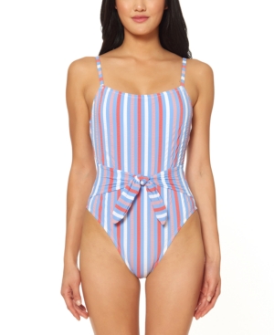 image of Jessica Simpson Miami Stripe Printed Tie-Waist One-Piece Swimsuit Women-s Swimsuit