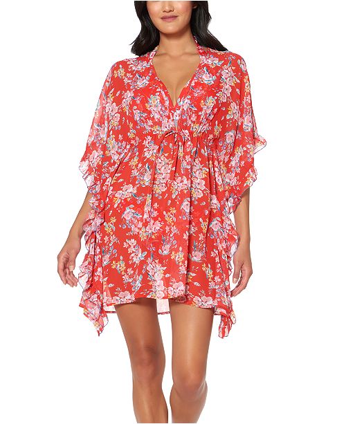 Jessica Simpson Chantilly Lace Printed Ruffled Caftan Swim Cover