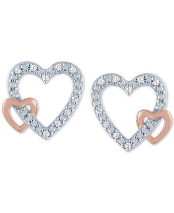 Diamond Accent Double Heart Stud Earrings in Sterling Silver & Rose  Gold-Plate