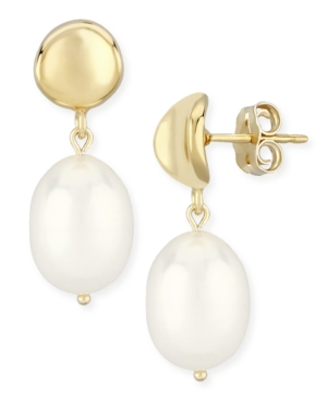 image of Dapped Disk Pearl(10 x 8mm) Drop Earrings Set in 14k Yellow Gold