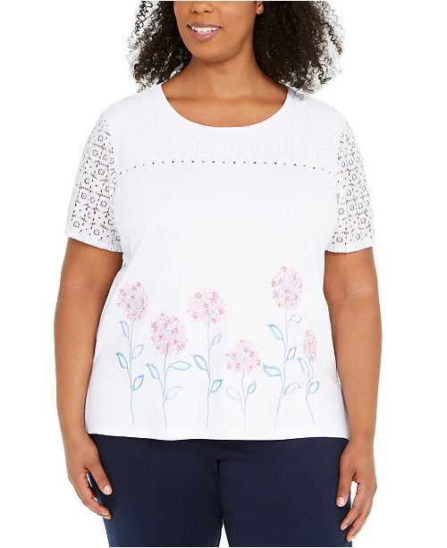 Alfred Dunner Plus Size Embroidered Beaded Lace Sleeve Top