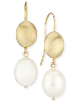 Macy's Beaded Pearl (10 X 8 Mm) Drop Earrings Set In 14k Yellow Gold 