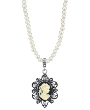 image of Downton Abbey Silver Tone Black Oval Cameo Imitation Pearl Necklace