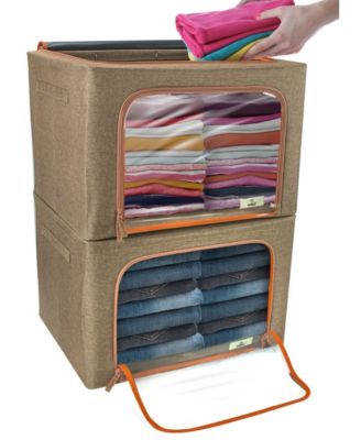 2 Pack Medium Foldable Storage Box - Metal Frame, Oxford Fabric, Large Window & Handles - Organization for Bedroom, Linens & Clothes