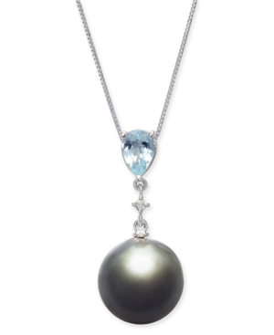image of Cultured Baroque Black Tahitian Pearl (12mm), Aquamarine (5/8 ct. t.w.) & Diamond Accent 18