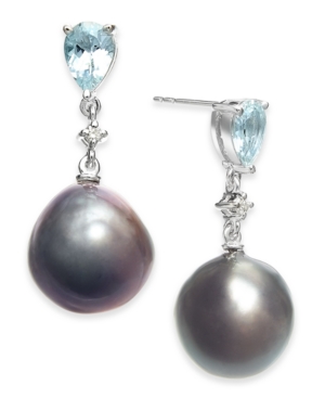 image of Cultured Baroque Black Tahitian Pearl (12mm) & Aquamarine (1-3/8 ct. t.w.) & Diamond (1/20 ct. t.w.) Drop Earrings in 14k White Gold