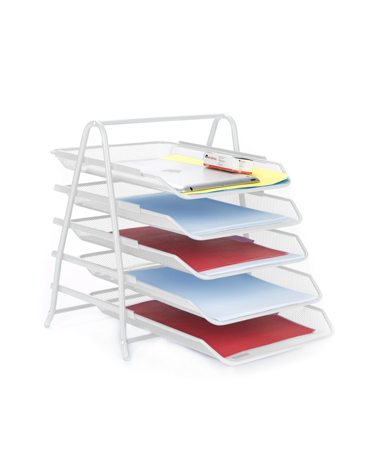 5 Tier Mesh Paper File Tray, Desk Organizer with 5 Sliding Trays - White