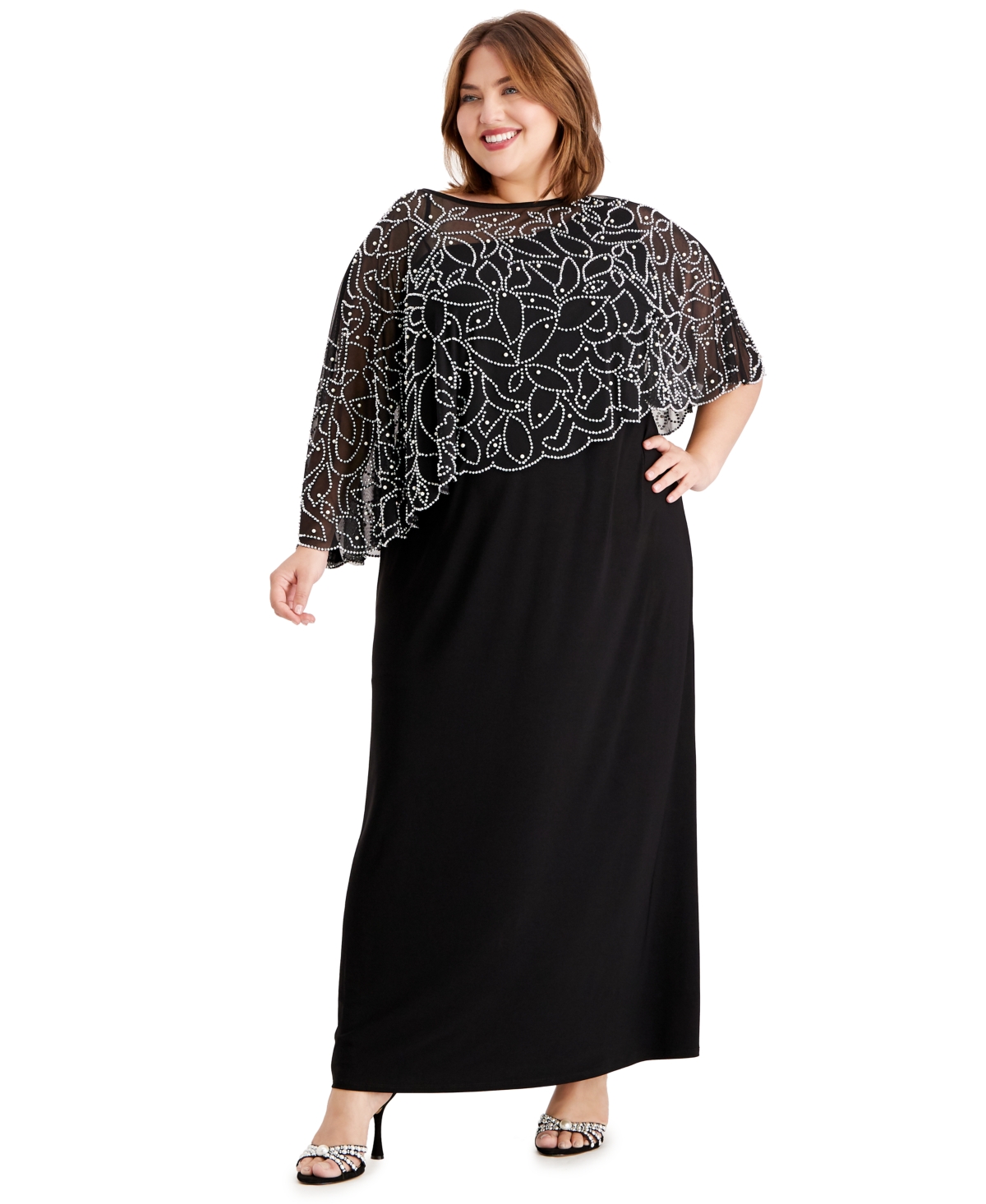Shop Msk Plus Size Beaded Cape Gown In Black,silver