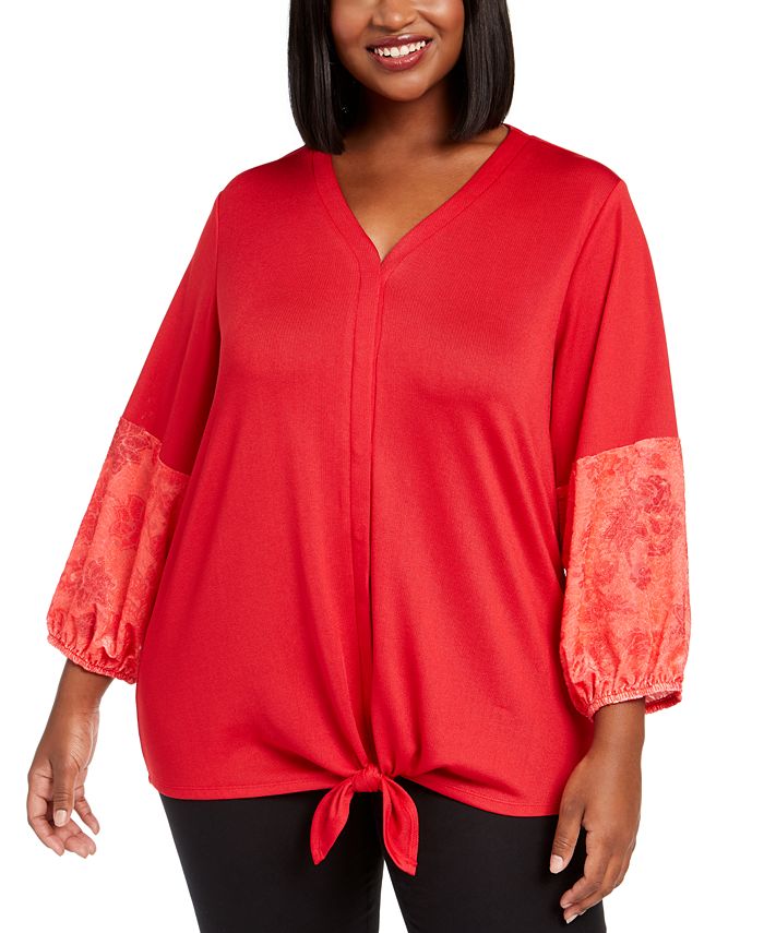 NY Collection - Plus Size Contrast-Sleeve Tie-Front Top