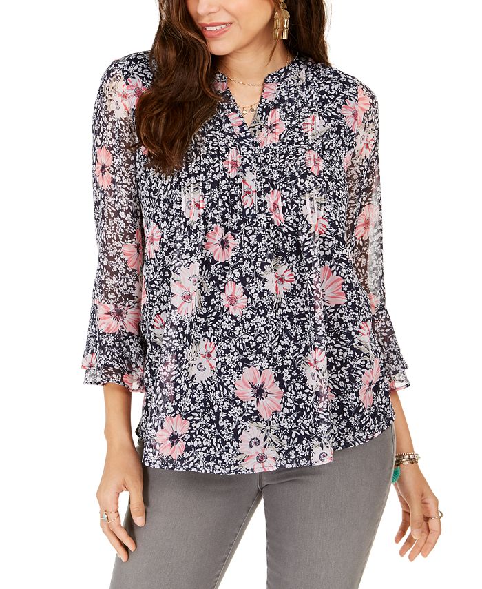 Charter Club Printed Split-Neck Top, Created for Macy's - Macy's