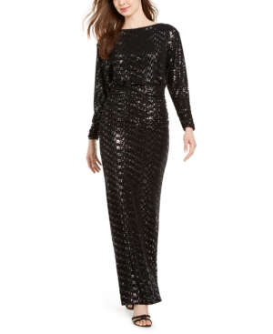 vince camuto ruched glitter gown