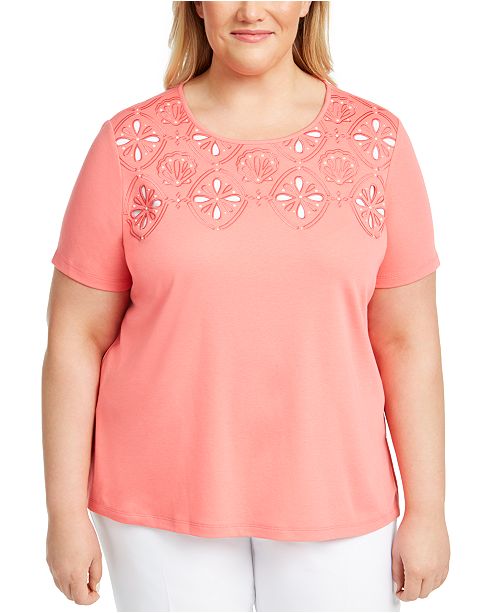 Alfred Dunner Plus Size Miami Beach Embellished Eyelet Top