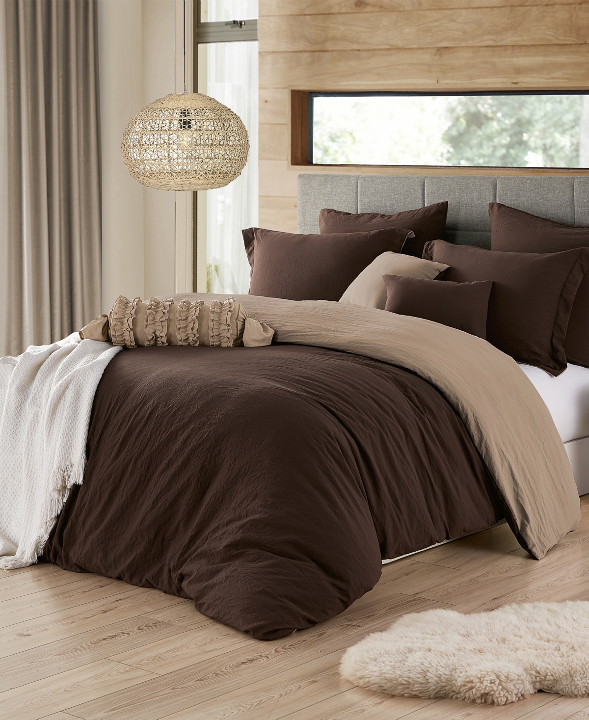 Macy's Ultra Soft Reversible Crinkle Duvet Cover Set In Chocolate,tan