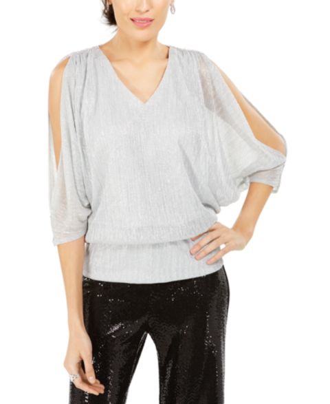 Женский топ MSK Split-Sleeve Metallic Blouson Top, цвет: Серебряный