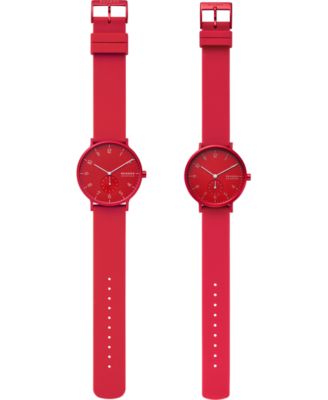 Skagen Unisex Aaren Kulor Red Silicone Strap Watches 41mm & 36mm Gift Set