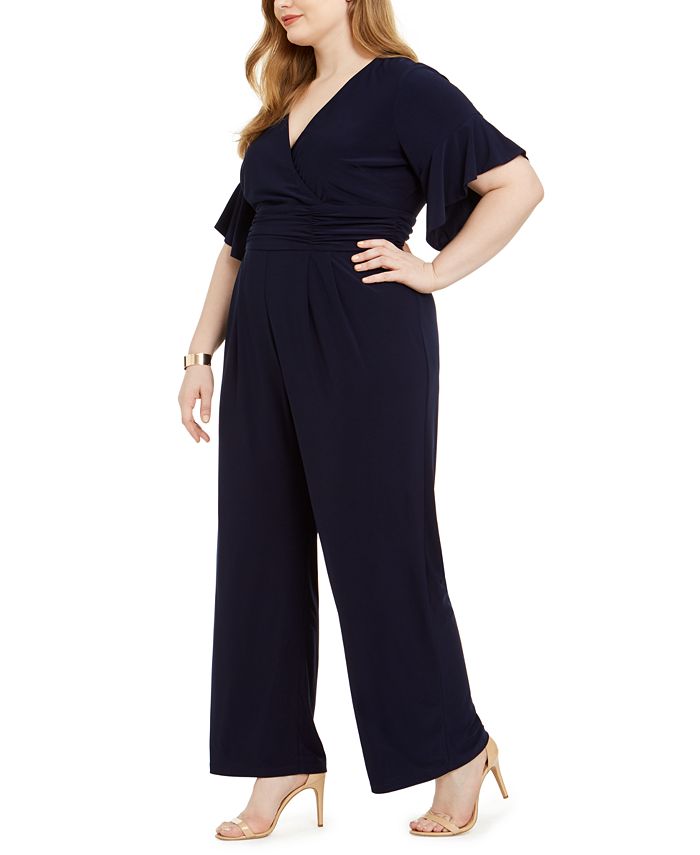 Jessica Howard Plus Size Surplice Ruched Jersey Jumpsuit - Macy's