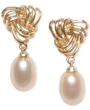 image of Cultured Freshwater Pearl (7 x 9mm) Love Knot Drop Earrings in 18k Gold-Plated Sterling Silver